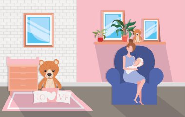 oturma odasında yeni doğan bebek ile sevimli anne