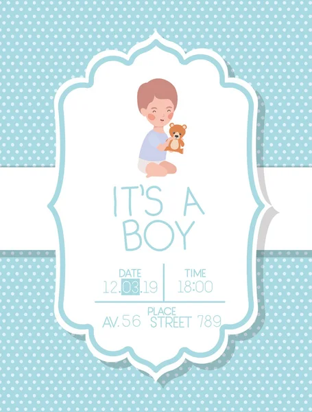 Es ist ein Junge Baby-Duschkarte mit Kind und Bär Teddy — Stockvektor
