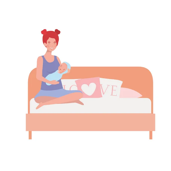 Junge Frau mit Neugeborenem im Bett — Stockvektor