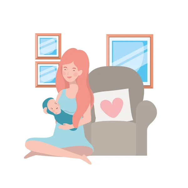 Žena seděla na pohovce s novorozenců v náručí — Stockový vektor