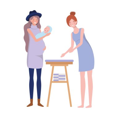 bebek bezi değişen yeni doğan bebek ile kadınlar