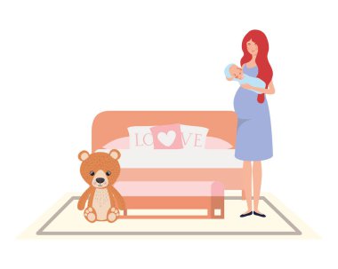 yatakta yeni doğmuş bebek ile genç kadın