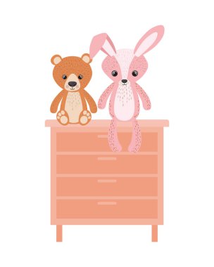 rafta sevimli tavşan ve oyuncak ayı