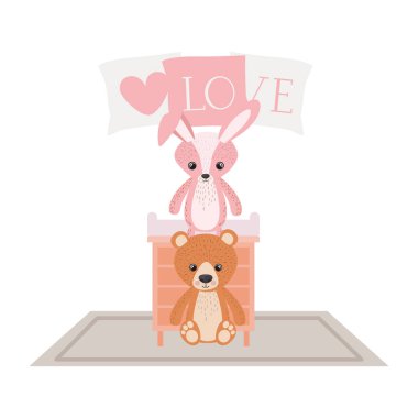 rafta sevimli tavşan ve oyuncak ayı