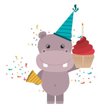 Beyaz arka planda parti şapka ile Sevimli Hippo