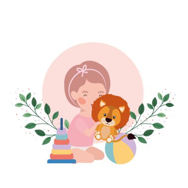 küçük çocuk güzel aslan ve şube ve arka plan yaprakları ile oynuyor