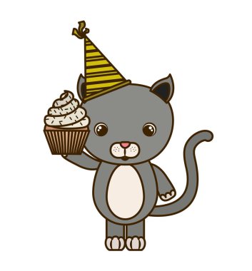 Beyaz arka planda parti şapka ile sevimli kedi hayvan