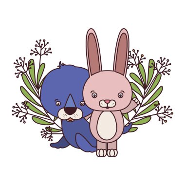 şube ve arka plan yaprakları ile sevimli hayvanların seti