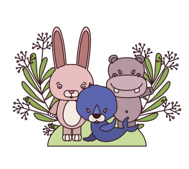 şube ve arka plan yaprakları ile sevimli hayvanların seti