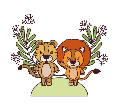 şube ve arka plan yaprakları ile sevimli hayvanların seti