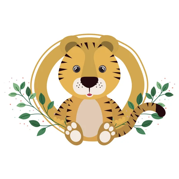 Tigre mignon avec branche et feuilles de fond — Image vectorielle