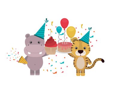 Beyaz arka planda hayvanlarla kutlama kartı