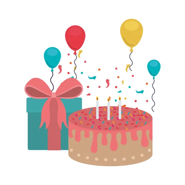 Celebración con caja de regalo y pastel sobre fondo blanco — Vector de stock