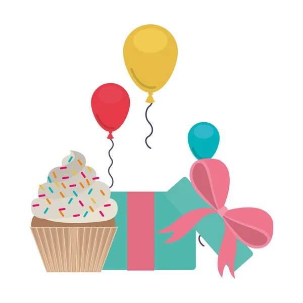 Celebración con caja de regalo y pastel sobre fondo blanco — Vector de stock