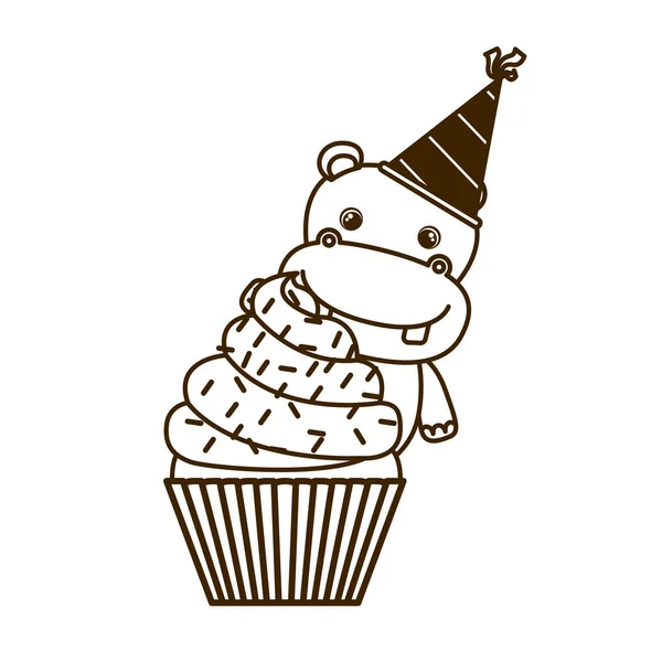 Silueta de hipopótamo con pastel de feliz cumpleaños — Archivo Imágenes Vectoriales
