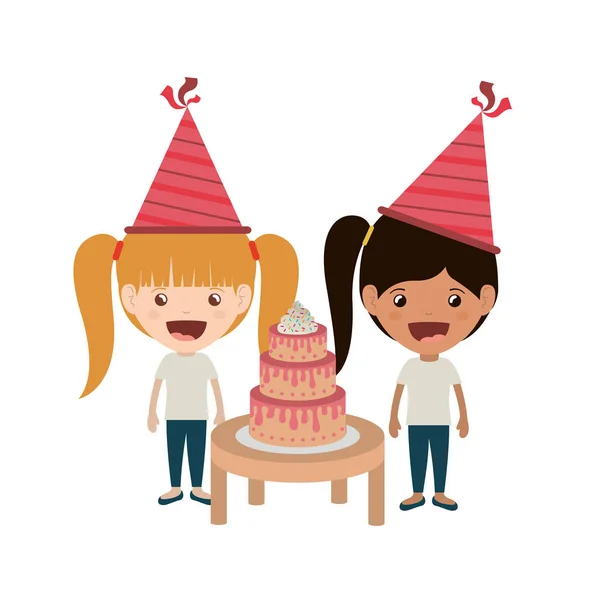 Meninas com chapéu de festa em celebração de aniversário — Vetor de Stock