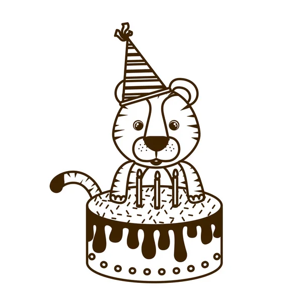 Silueta de tigre lindo con pastel de feliz cumpleaños — Archivo Imágenes Vectoriales