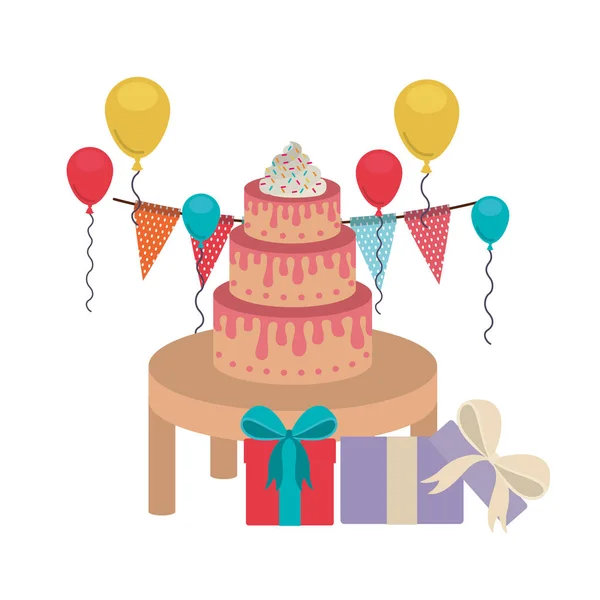 Celebración con caja de regalo y pastel sobre fondo blanco — Vector de stock