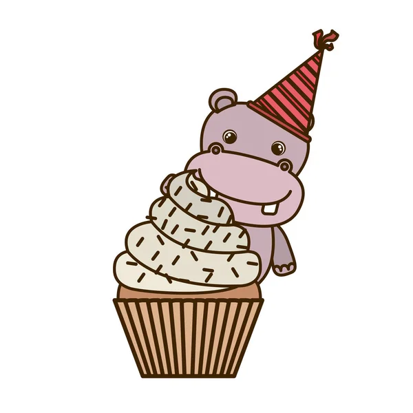 Mignon hippopotame avec gâteau de joyeux anniversaire — Image vectorielle