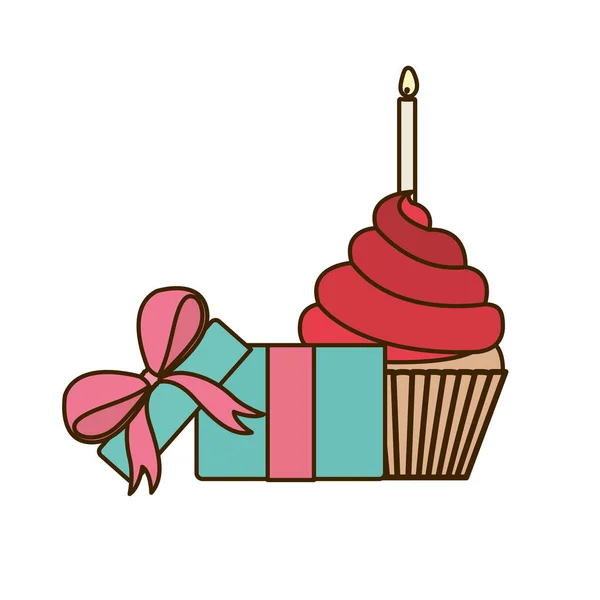 Celebración con caja de regalo y pastel sobre fondo blanco — Vector de stock