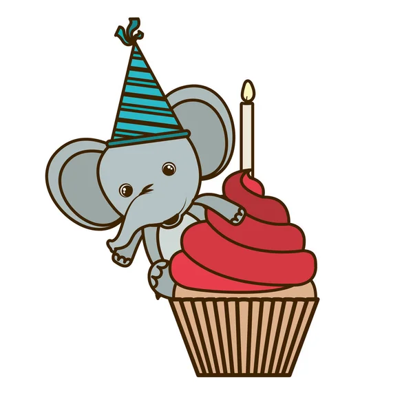 Niedlicher Elefant mit Kuchen zum Geburtstag — Stockvektor