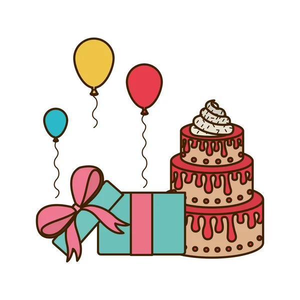 Celebración con caja de regalo y pastel sobre fondo blanco — Vector de stock