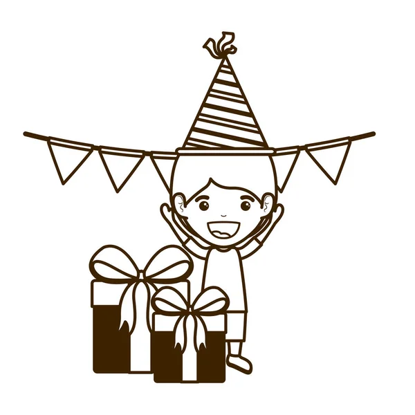 Silueta de niño con sombrero de fiesta en la celebración del cumpleaños — Vector de stock