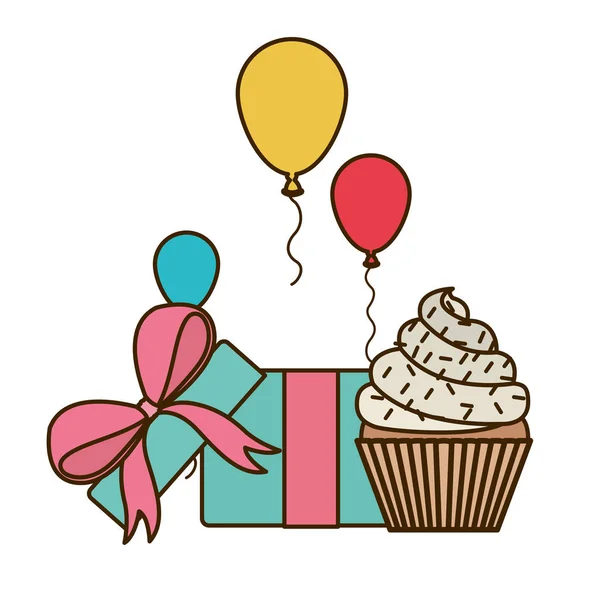 Γιορτή με κουτί δώρου και κέικ σε λευκό φόντο — Διανυσματικό Αρχείο