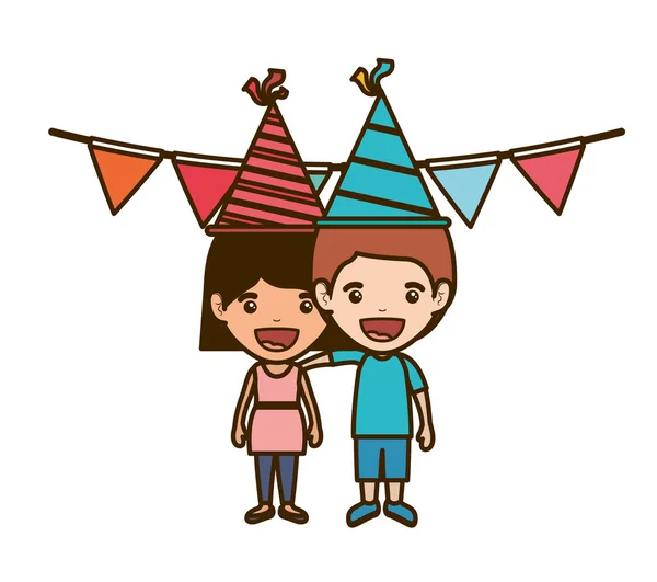 Pareja de niños en celebración de cumpleaños — Vector de stock