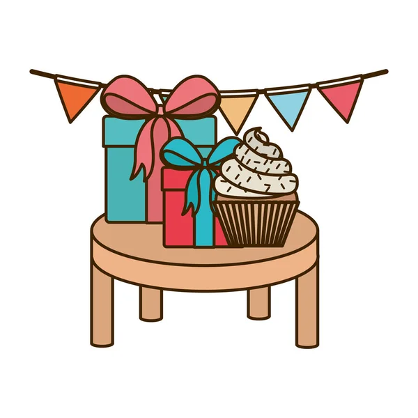Beyaz arka planda hediye kutusu ve pasta ile kutlama — Stok Vektör