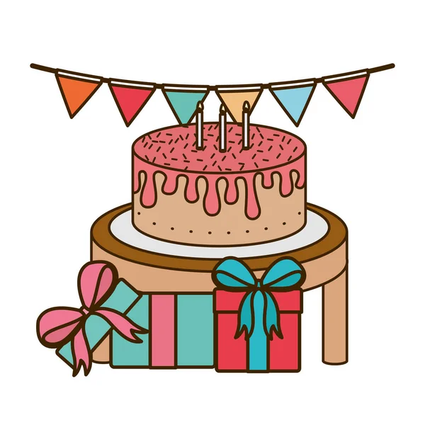 Celebração com caixa de presente e bolo no fundo branco —  Vetores de Stock