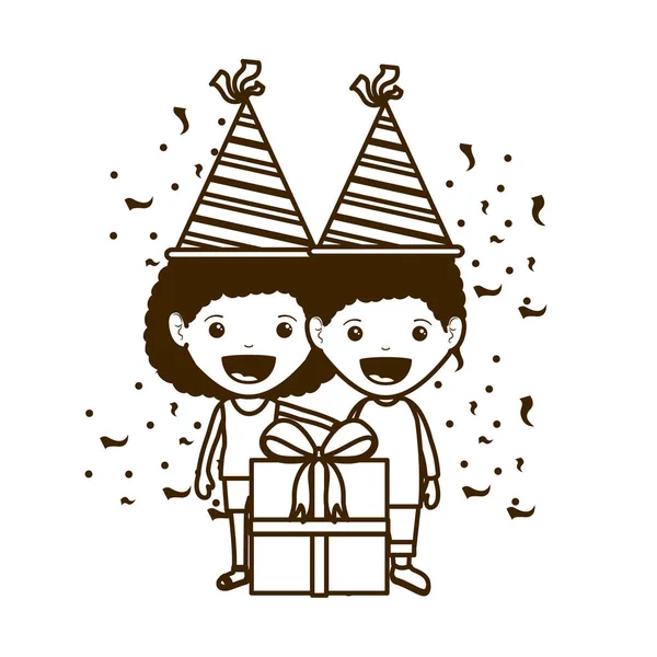 Силуэт пары детей в праздновании дня рождения — стоковый вектор