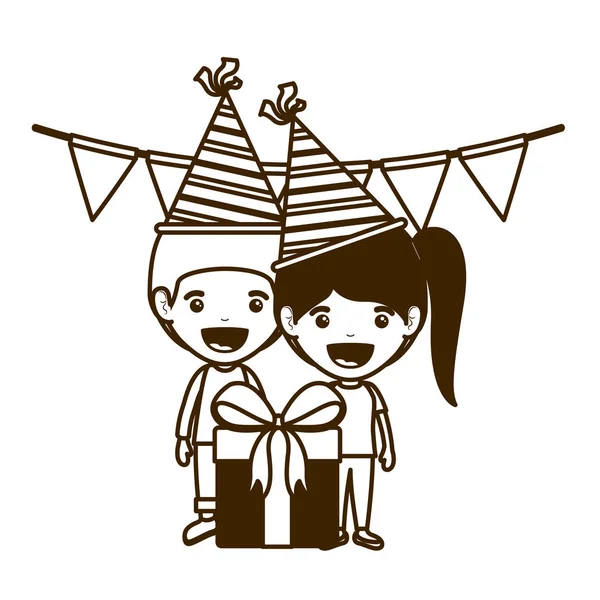 Silhueta de par de crianças em celebração de aniversário — Vetor de Stock