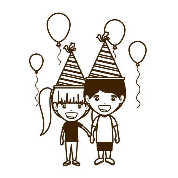 Силуэт пары детей в праздновании дня рождения — стоковый вектор