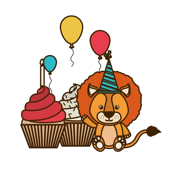 Lindo león con pastel de feliz cumpleaños — Archivo Imágenes Vectoriales
