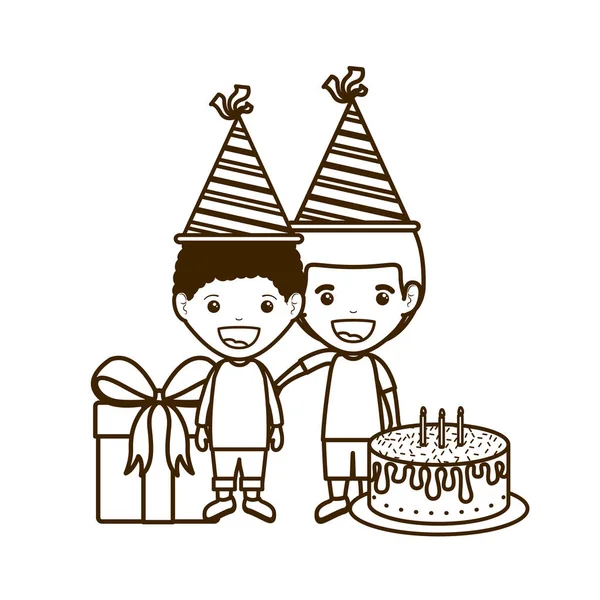 Silhueta de meninos com chapéu de festa na celebração de aniversário — Vetor de Stock