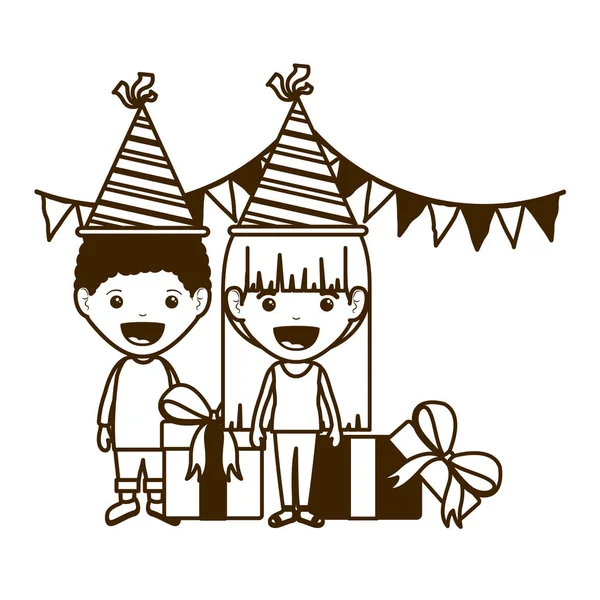 Silueta de pareja de niños en celebración de cumpleaños — Vector de stock