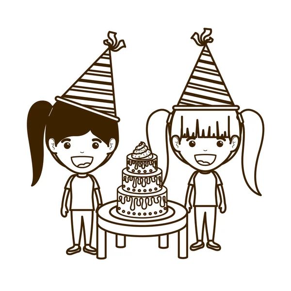 Silhueta de meninas com chapéu de festa na celebração de aniversário — Vetor de Stock