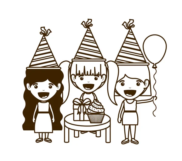 Silueta de fete cu pălărie de petrecere în sărbătoarea zilei de naștere — Vector de stoc