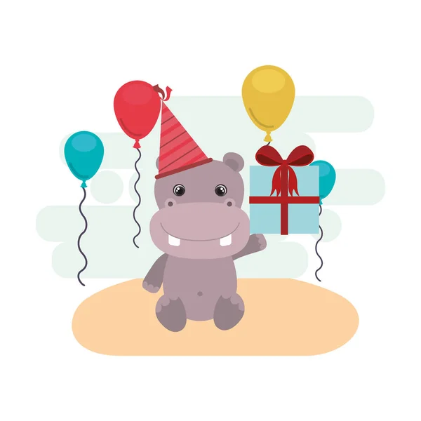 Cute hippo with gift box in landscape — Stock Vector