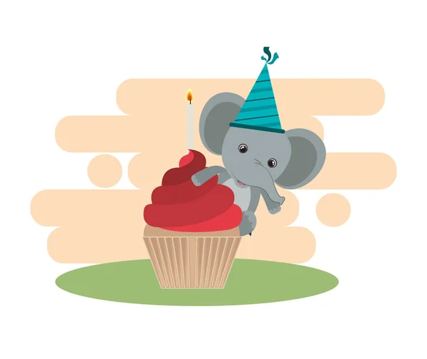 Söt elefant med tårta av Grattis på födelsedagen — Stock vektor