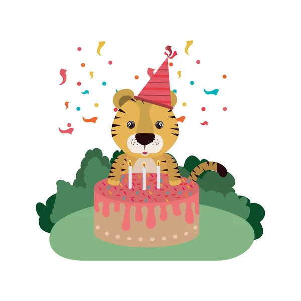 Tigre lindo con pastel de feliz cumpleaños — Vector de stock