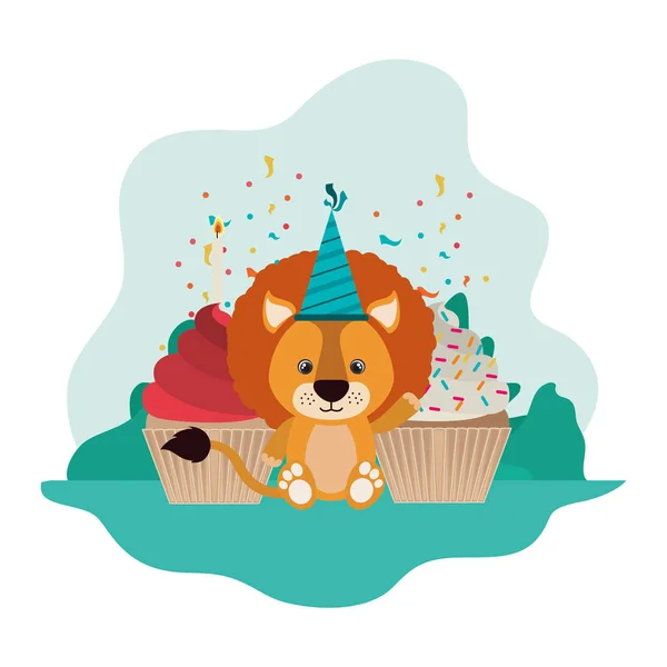 Милый лев с тортом с днем рождения — стоковый вектор