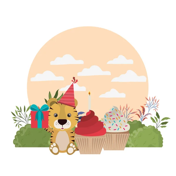 Tigre bonito com bolo de feliz aniversário —  Vetores de Stock