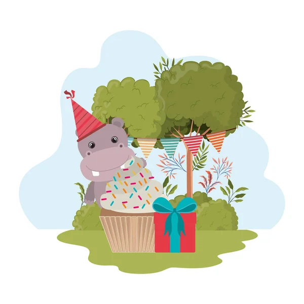 Mutlu Doğum günü pastası ile Sevimli Hippo — Stok Vektör