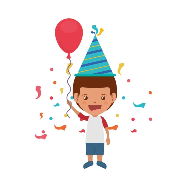 Jongen met feest hoed en helium ballon in verjaardag viering — Stockvector