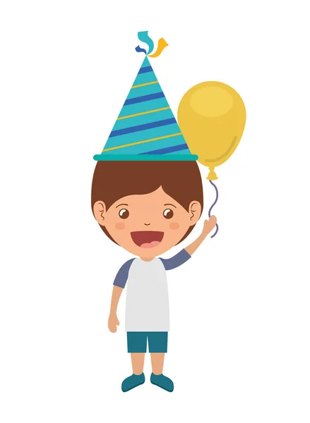 Niño con sombrero de fiesta y globo de helio en celebración de cumpleaños — Vector de stock