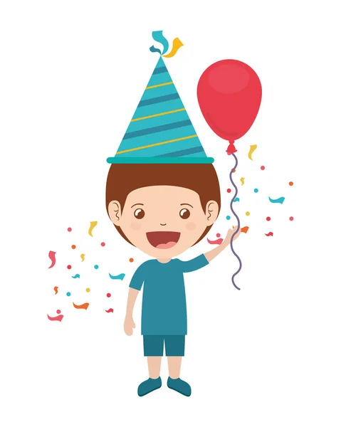 Niño con sombrero de fiesta y globo de helio en celebración de cumpleaños — Vector de stock