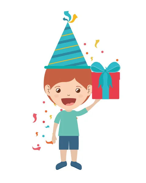 Niño con sombrero de fiesta y caja de regalo en celebración de cumpleaños — Vector de stock
