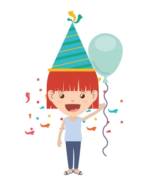 Chica con sombrero de fiesta y globo de helio en la celebración de cumpleaños — Vector de stock